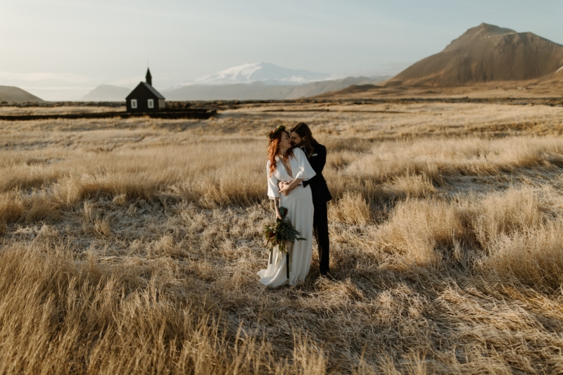 The golden fields behing the black church in Iceland.