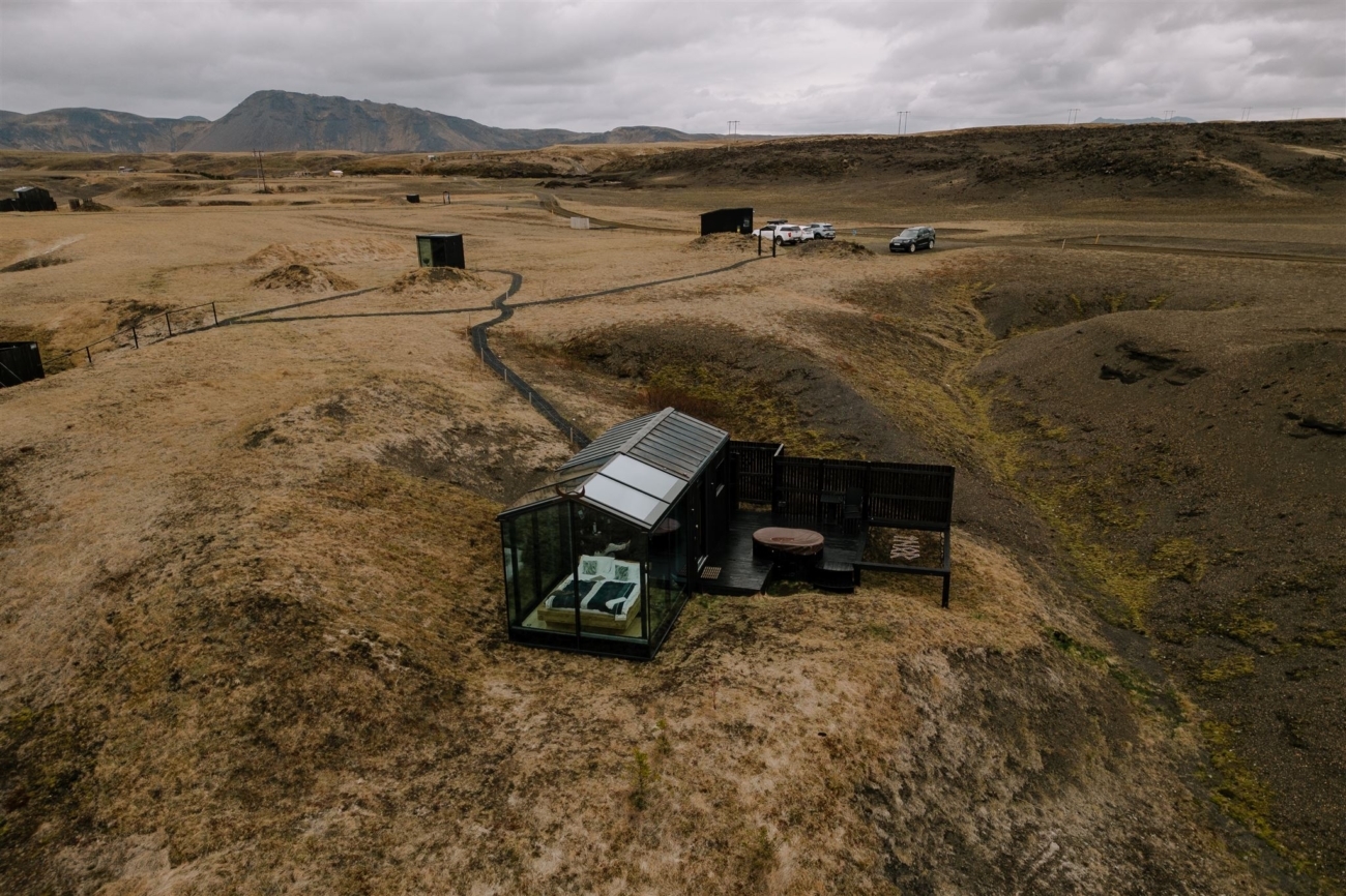 An arial photo showing the beautiful design and surroundings of the Panorama Glass Lodges in South Iceland.