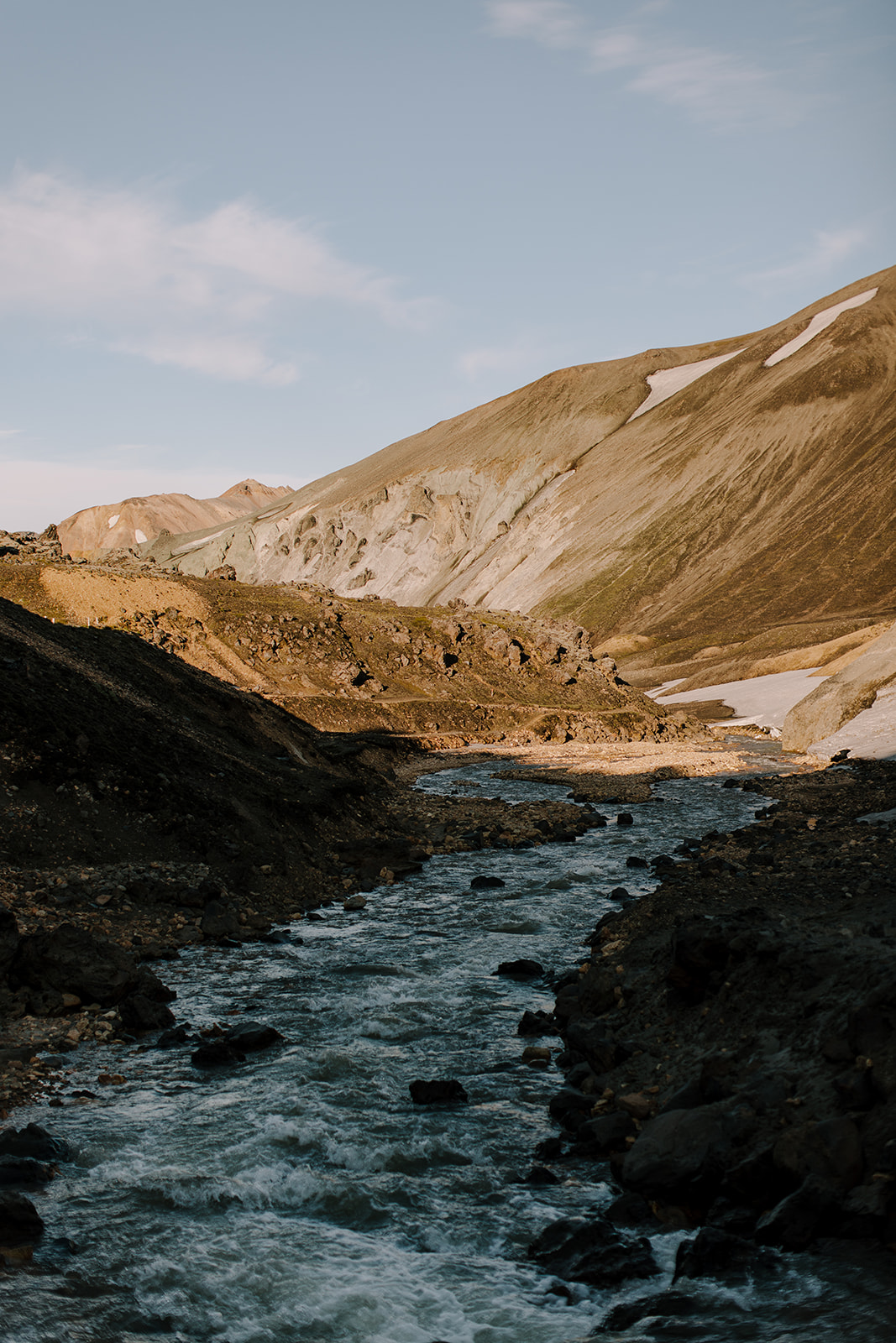 A river snaking it's way around Rhyolite cliffs in Landmannalaugar.