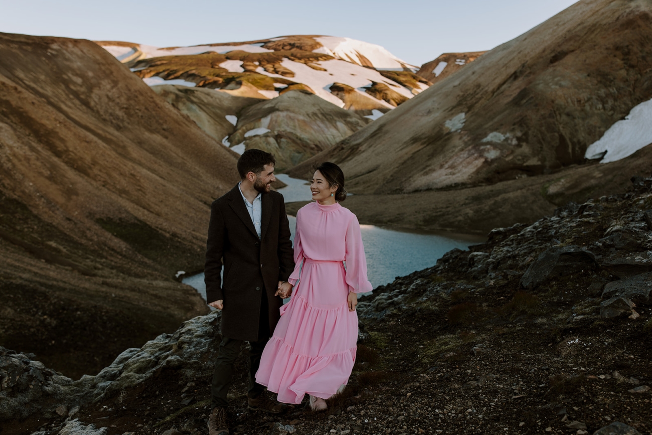 An elopement in Iceland far up in the mountains with snow capped mountains and alpine lakes. 