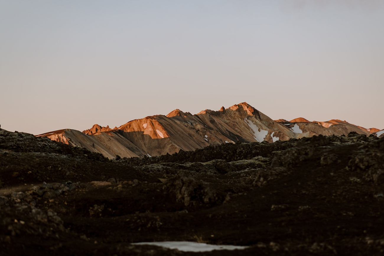 Rhyolite mountains at sunset in Landmannalaugar. 